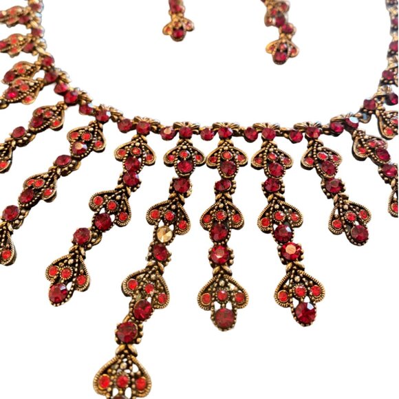Elaborate Ruby Red Drippy Choker Necklace and Matching Earrings, 16 inches - Picture 2 of 6